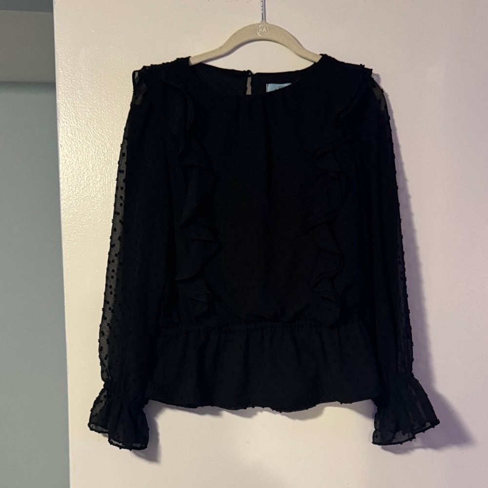 CeCe Black Ruffle Sheer Sleeve Blouse